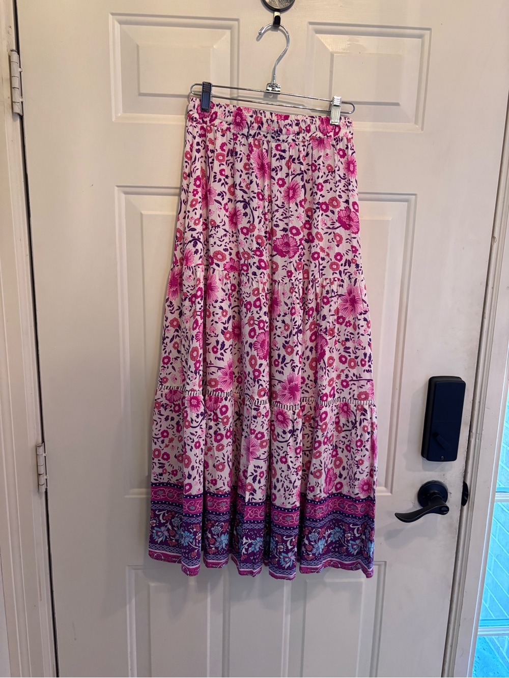 Amazon Boho Chic Pink Floral Tiered Maxi Skirt with Purple Border - Picture 2 of 4